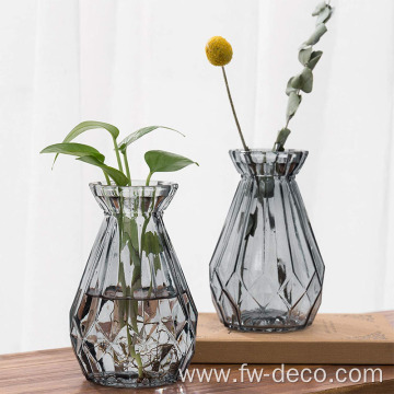 Clear Gray Glass Diamond Faceted Flower Vases